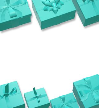 Holiday Christmas background with border of turquoise blue gift boxes over white, 3D illustration. Birthday, Vlanetins, Mothers, Wedding background