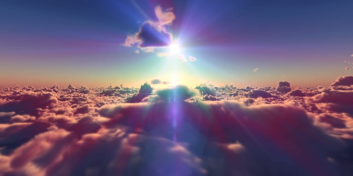 fly above clouds sunset landscape, 3d render illustration