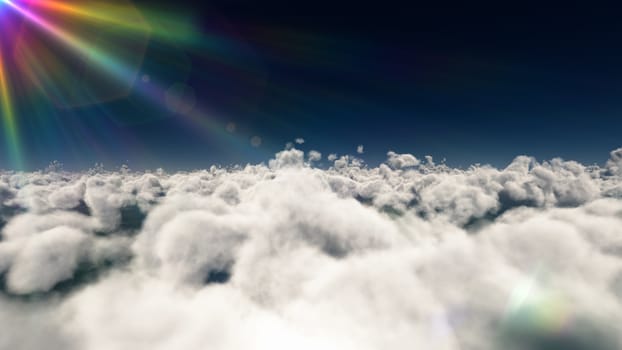 fly above big clouds, sun ray, 3d illustration render