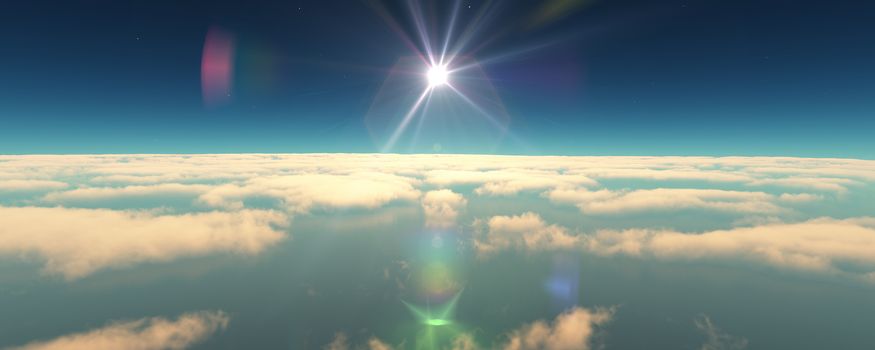 fly above clouds sunset landscape. 3d render illustration