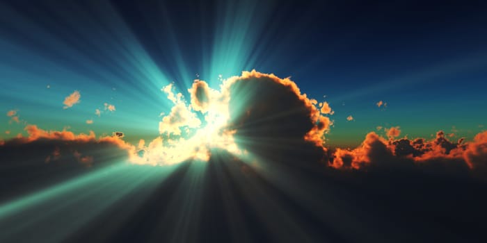 above clouds sun ray sunset. 3d render illustration