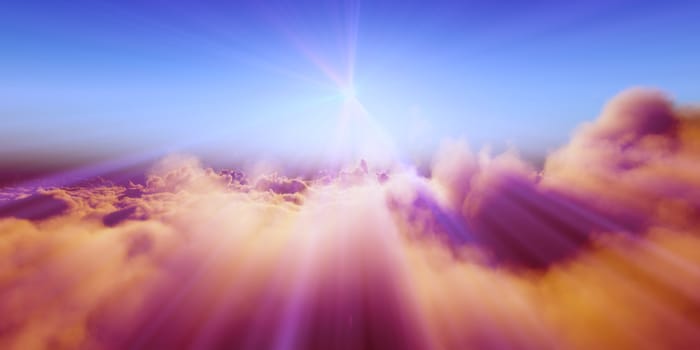 Beautiful aerial view above clouds with sunset. 3d illustration