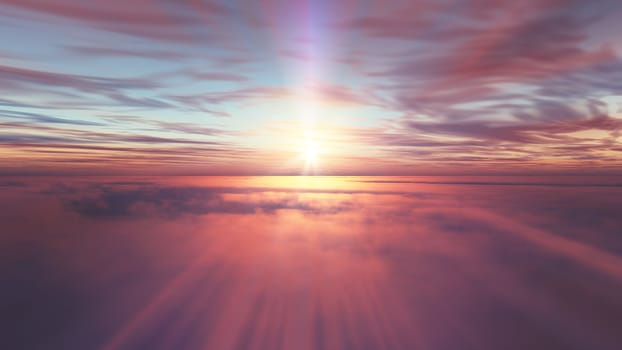 fly above clouds sunset landscape, 3d render illustration