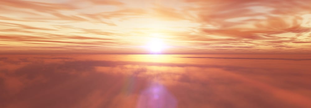 fly above clouds sunset landscape, 3d render illustration