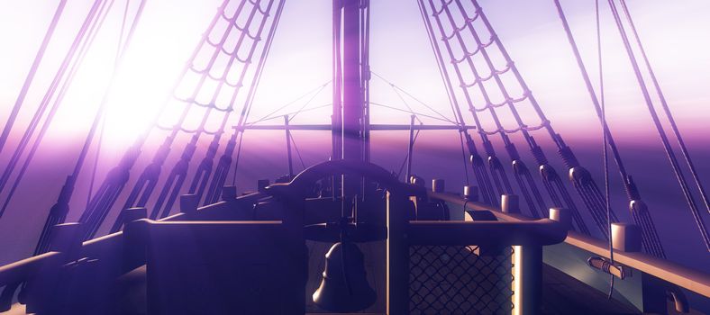 old ship sunset at sea 3d rendering illustration