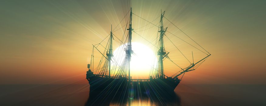 old ship sunset at sea 3d rendering illustration