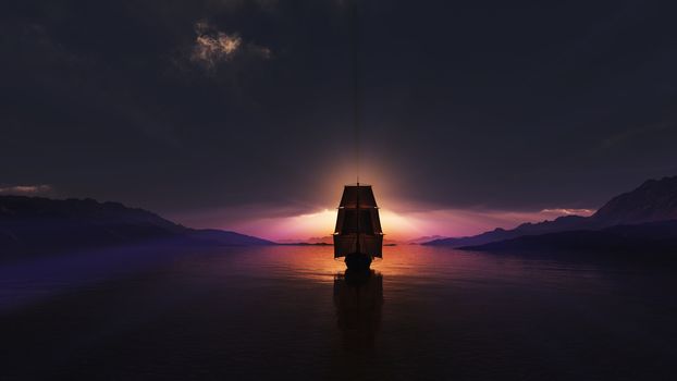 old ship at sea sunset, 3d render illustration