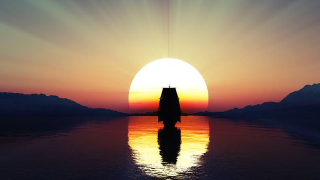 old ship at sea sunset, 3d render illustration