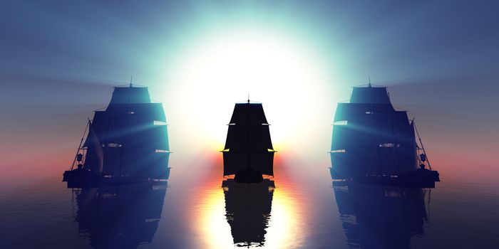 old three ships sunset at sea, 3d rendering illustration