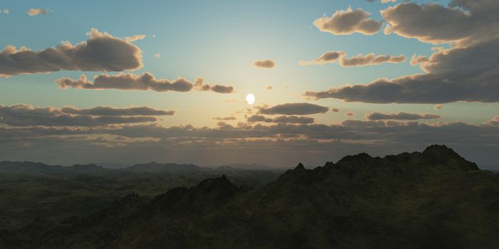 Mountain panorama over the clouds sunset. Computer generated 3D illustration