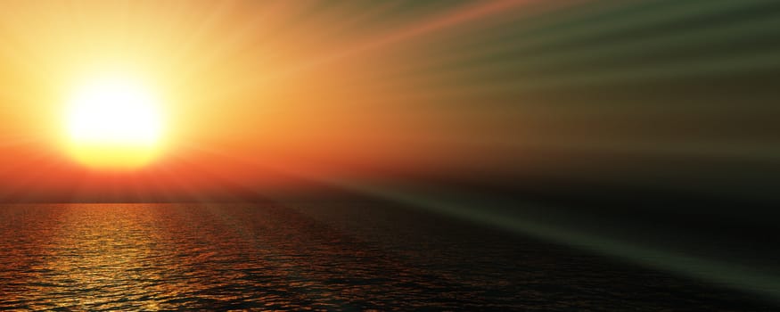 sunset sea sun ray clear sky, 3d rendering illustration