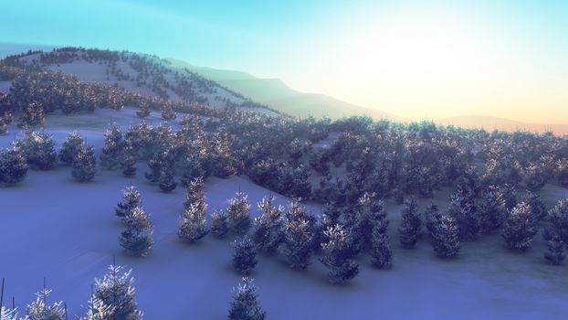 above winter forest mountain sunset 3D rendering illustration