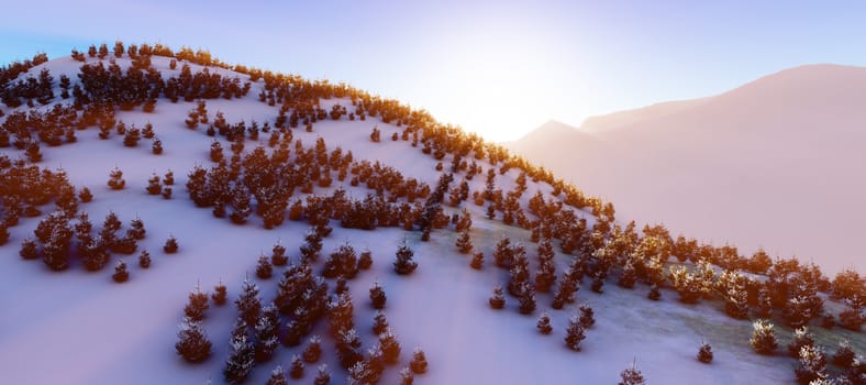 above winter forest mountain sunset 3D rendering illustration