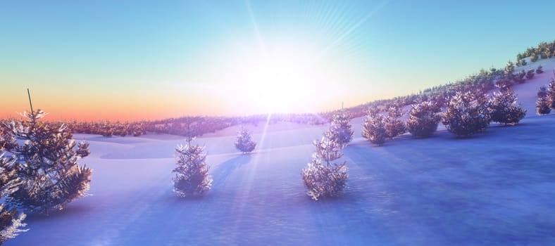 above winter forest mountain sunset 3D rendering illustration