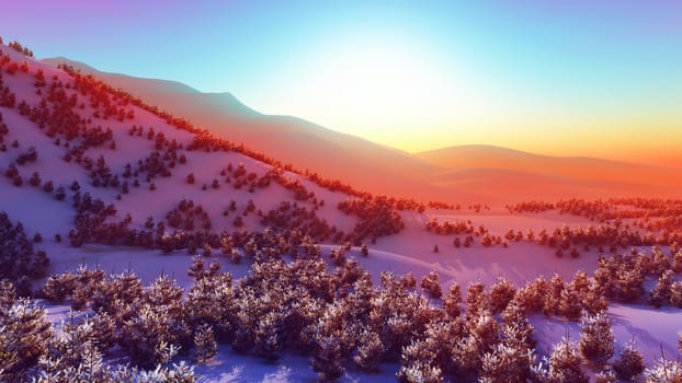 above winter forest mountain sunset 3D rendering illustration