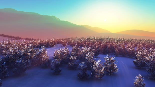 above winter forest mountain sunset 3D rendering illustration