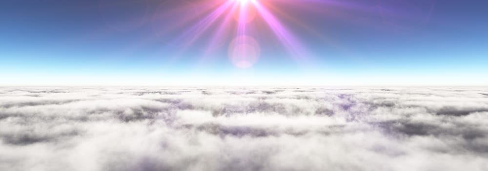 Above clouds sun ray, 3d rendering illustration