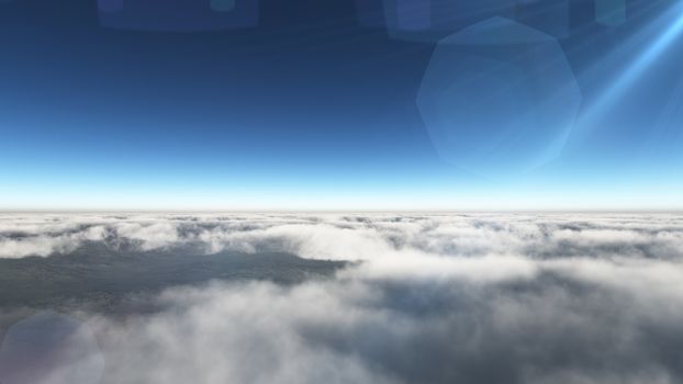 Above clouds sun ray, 3d rendering illustration