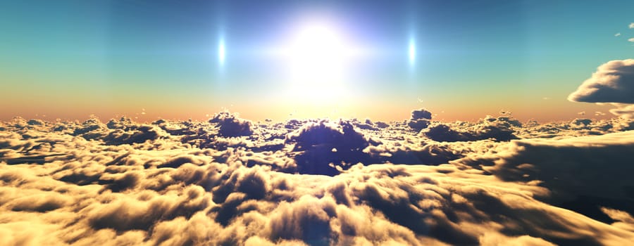 above clouds fly sunset sun ray illustration, 3d render