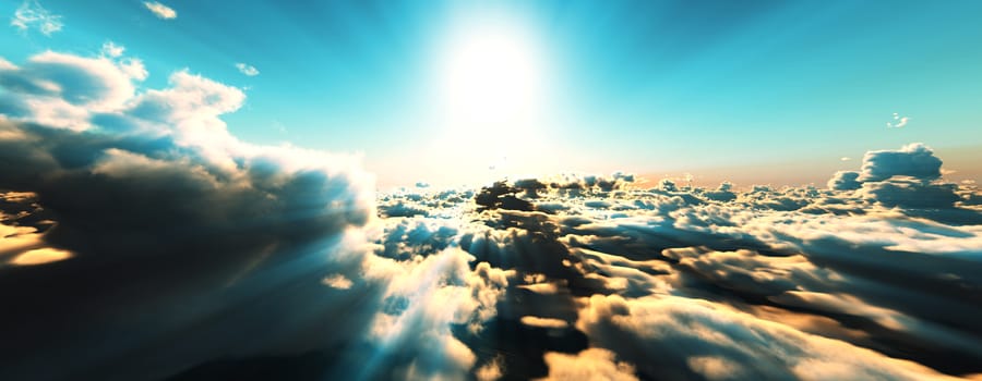 above clouds fly sunset sun ray illustration, 3d render