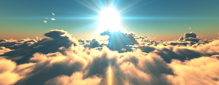 above clouds fly sunset sun ray illustration, 3d render