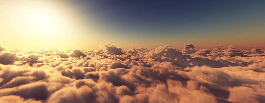 above clouds fly sunset sun ray illustration, 3d render