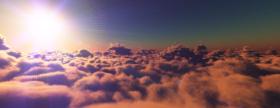 above clouds fly sunset sun ray illustration, 3d render