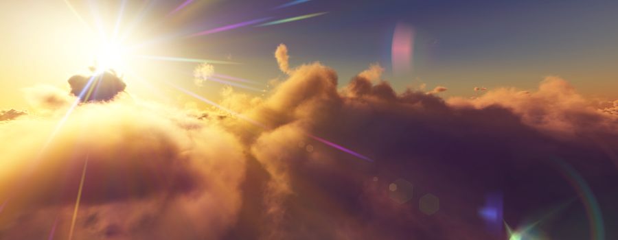 above clouds fly sunset sun ray illustration, 3d render