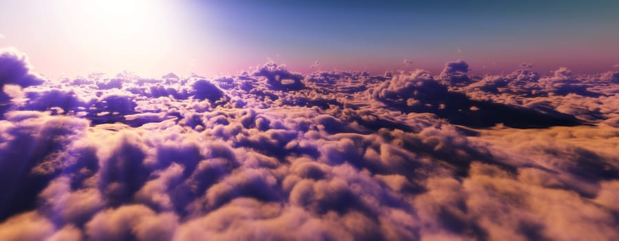 above clouds fly sunset sun ray illustration, 3d render