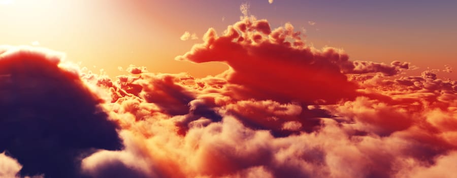 above clouds fly sunset sun ray illustration, 3d render