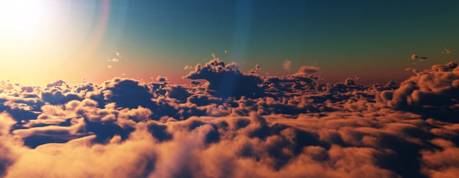 above clouds fly sunset sun ray illustration, 3d render