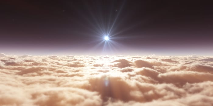 dream fly above clouds ray light, 3d rendering illustration