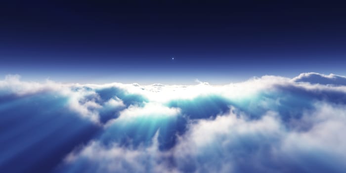 dream fly above clouds ray light, 3d rendering illustration