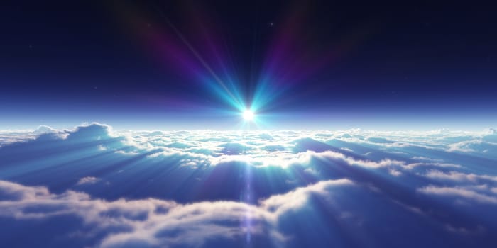 dream fly above clouds ray light, 3d rendering illustration