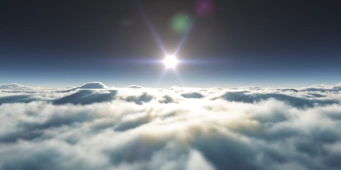 dream fly above clouds ray light, 3d rendering illustration