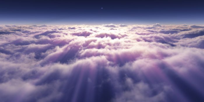 dream fly above clouds ray light, 3d rendering illustration