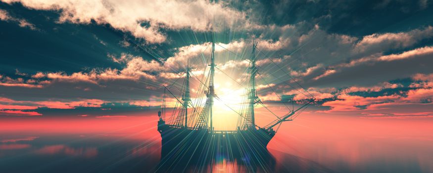 old ship sunset at sea 3d rendering illustration