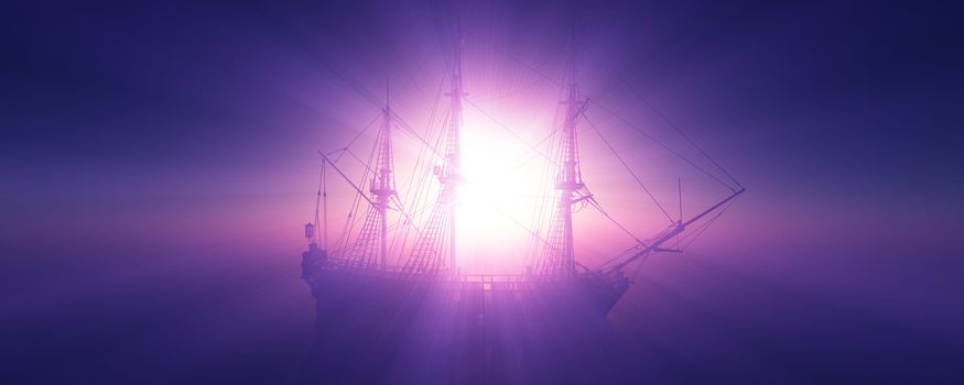 old ship sunset at sea 3d rendering illustration