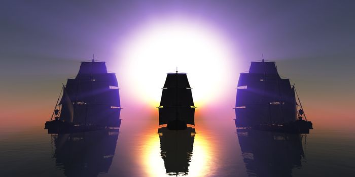 old three ships sunset at sea, 3d rendering illustration