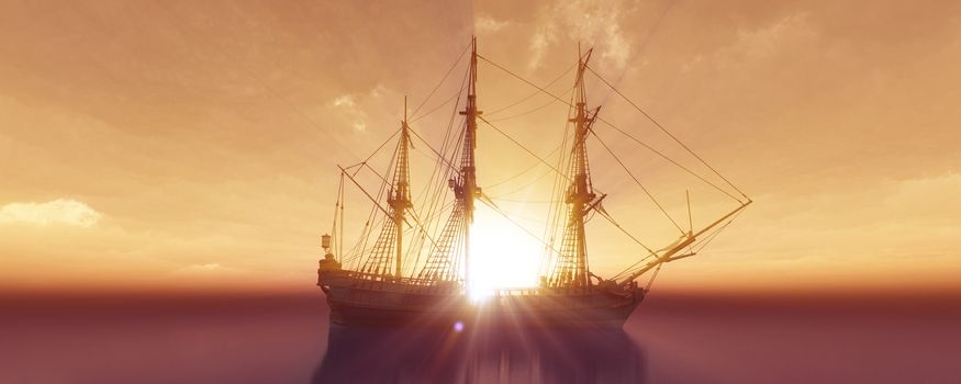 old ship sunset at sea 3d rendering illustration