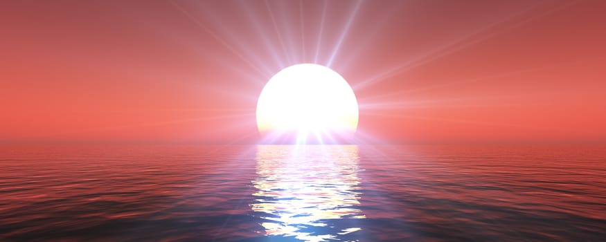 sunset sea sun ray clear sky, 3d rendering illustration