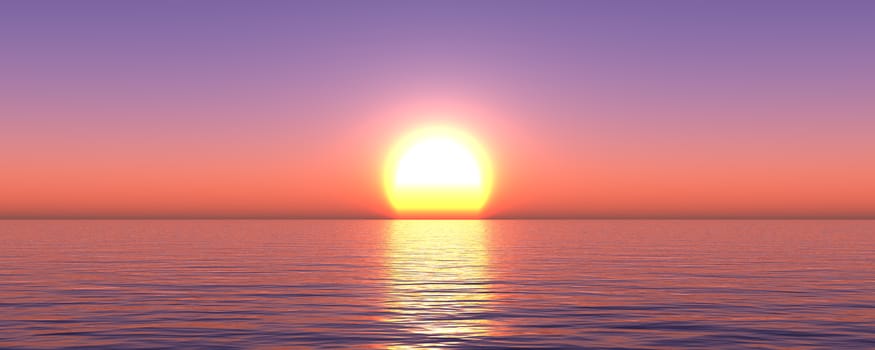 sunset sea sun ray clear sky, 3d rendering illustration