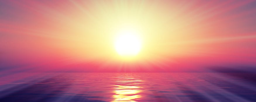 sunset sea sun ray clear sky, 3d rendering illustration