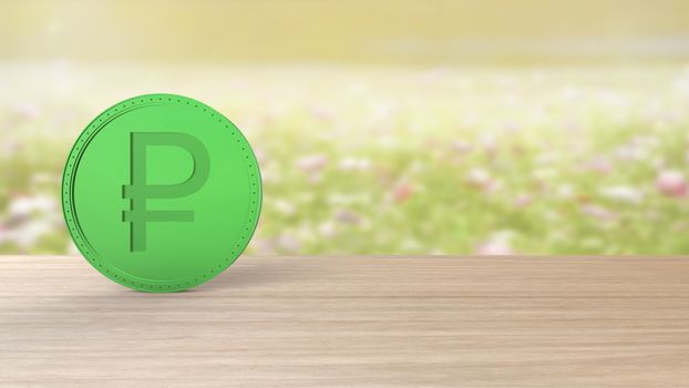 Green ruble coin Isolated on blur field of flowers background. 3d render isolated illustration, business, management, risk, money, cash, growth, banking, bank, finance, symbol.
