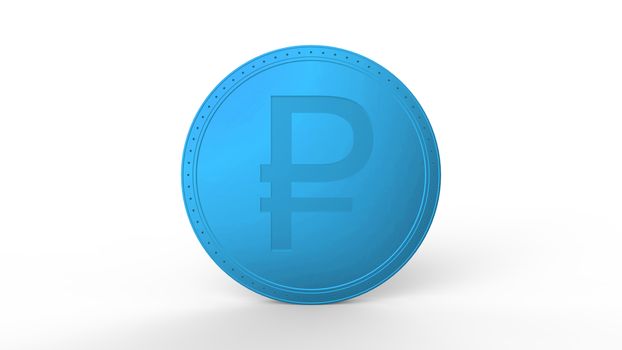 Blue ruble coin Isolated with white background. 3d render isolated illustration, business, management, risk, money, cash, growth, banking, bank, finance, symbol.