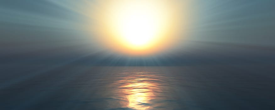 sunset sea sun ray clear sky, 3d rendering illustration