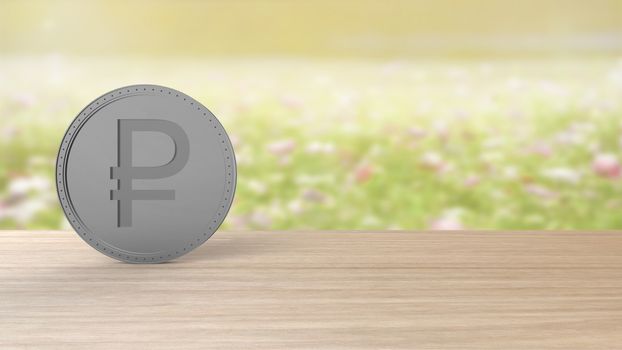 Gray ruble coin Isolated on blur field of flowers background. 3d render isolated illustration, business, management, risk, money, cash, growth, banking, bank, finance, symbol.