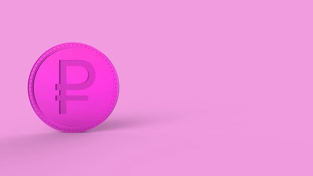 Pink golden ruble coin Isolated on color background. 3d render isolated illustration, business, management, risk, money, cash, growth, banking, bank, finance, symbol.