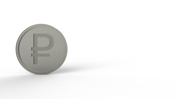 Gray silver ruble coin Isolated with white background. 3d render isolated illustration, business, management, risk, money, cash, growth, banking, bank, finance, symbol.
