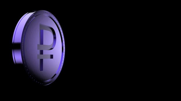 Violet ruble coin Isolated with black background. 3d render isolated illustration, business, management, risk, money, cash, growth, banking, bank, finance, symbol.